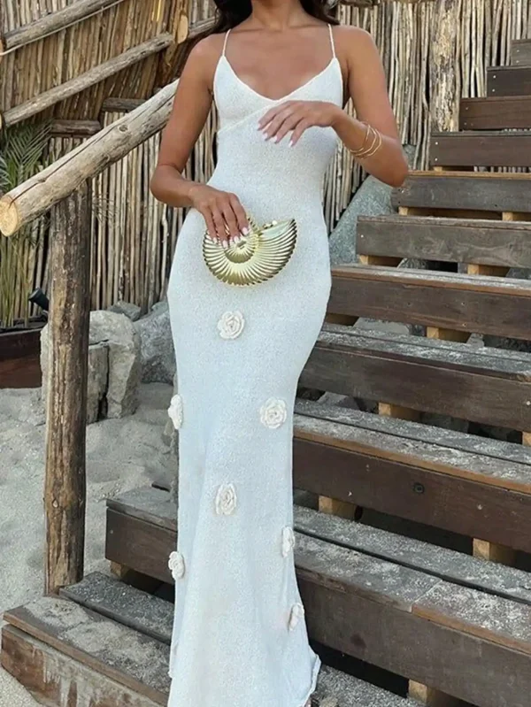 Women's Spring and Summer Casual Holiday Beach Seaside Solid Colour Straps Three-dimensional Flowers Woolen Knitted Dresses - Image 2