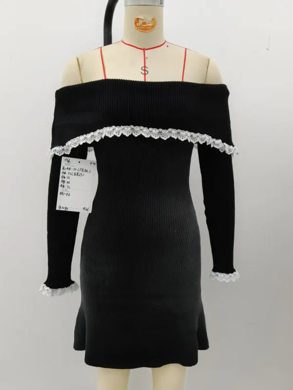 Women's Fashion Summer Trendy Sexy Chiffon Off-Shoulder Solid Color Knitted Lace Trim Long Sleeve Casual Knit Dress - Image 4