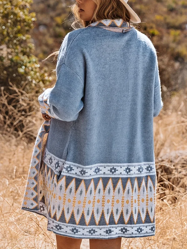 Women's Retro Pattern Long Sleeve Knitted Cardigan Sweater Coat Casual Pocket Design - Image 5