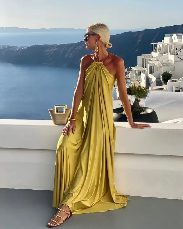 Chic Summer Dresses: Elegant, Romantic Long Maxis with Draped Necks Relaxed Fits in Solid Colors Perfect for Stylish Vacations