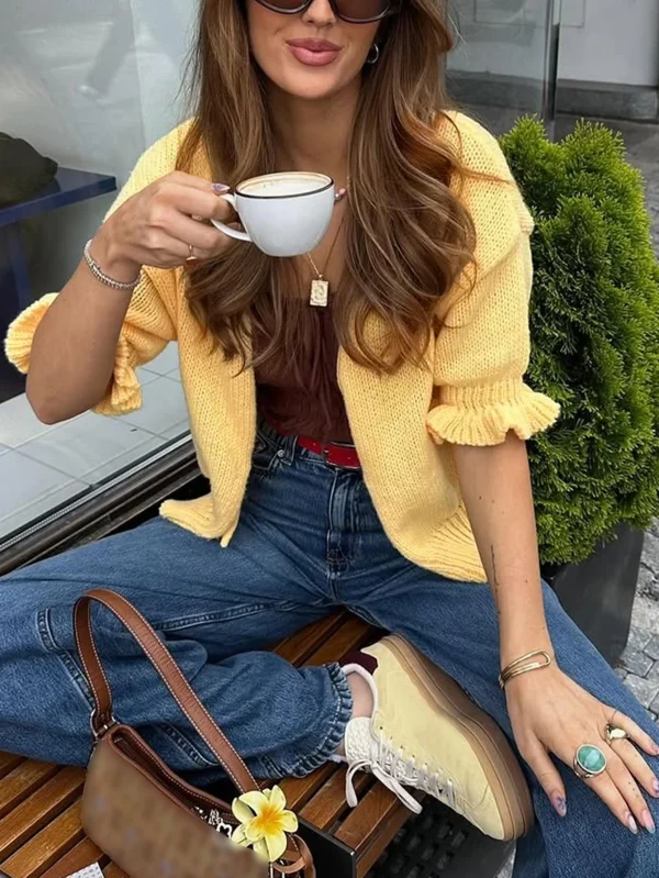 Women's Casual Fashion Commuter Daily Early Spring Goose Yellow Petal Ruffle Half Sleeve Tie Loose Short Sweater Cardigan - Image 6