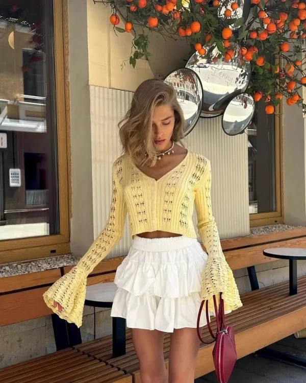 Women's Fashion Sexy V-Neck Trendy Versatile Solid Color Knitted Lace Semi-See-Through Long Sleeve Daily Knit Top Cardigan - Image 2