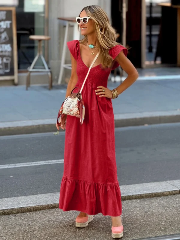 Women's Summer Holiday Dress - Red Casual Vacation Wrap Dress, Solid Color, Comfortable Strapless Plunge Neck Elegant Long Dress - Image 2