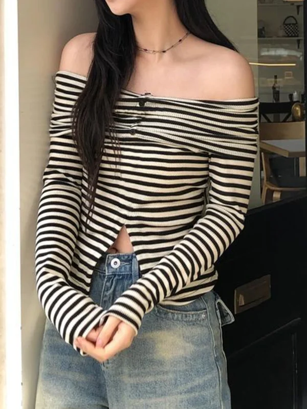 Women's Casual One-Shoulder Knitted Sweater Off-Shoulder Design, Autumn Pullover with Loose Fit Elegant Texture - Image 5
