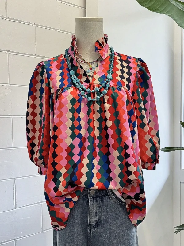 Women's Vintage-Inspired Woven V-Neck Ruffled Shirt Spring Summer Casual Loose Fit Nine-Point Contrast Color Polka Dot Retro - Image 4