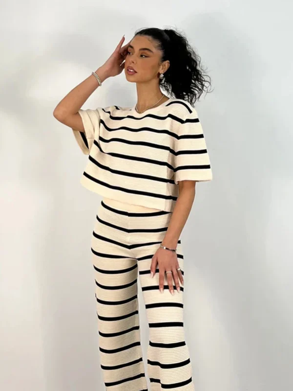 Women's 2025 Spring/Summer New Release Set Striped Embellished Short Sleeve Sweater Top Fitted Slimming Pants Casual Comfortable - Image 5