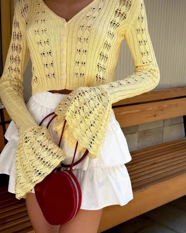 Women's Fashion Sexy V-Neck Trendy Versatile Solid Color Knitted Lace Semi-See-Through Long Sleeve Daily Knit Top Cardigan - Image 3