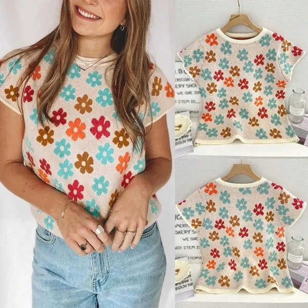 Women's oversized fashionable flower patterned short sleeved sweater