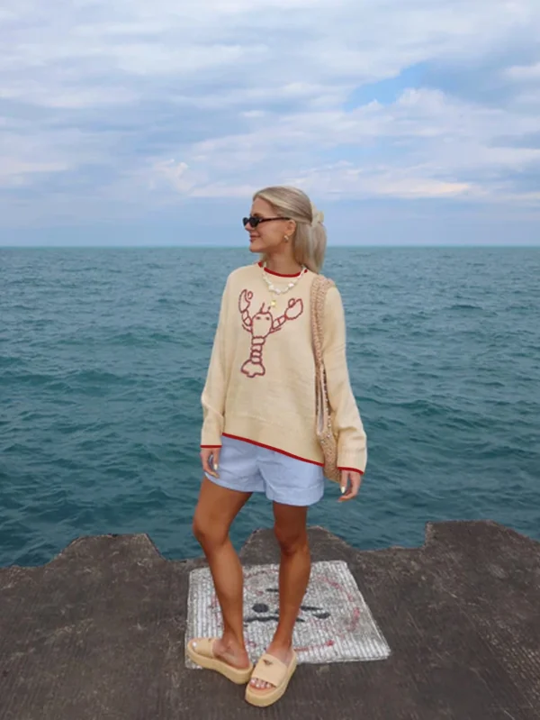 Summer Fashion Casual Vacation Beach Ladies Lobsterembroidery Color Clashing Design Long Sleeve Sweater Brunch Outfits for Women - Image 5