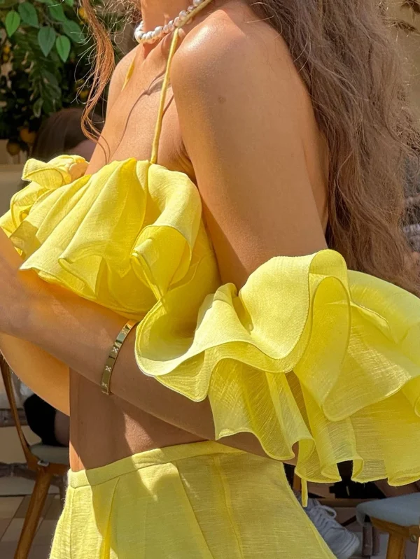 Women's Ruffle Off Shoulder Crop Top Flowy Puff Sleeve Summer Holiday Outfit Lightweight Party for Vacation Beach Resort Looks - Image 2