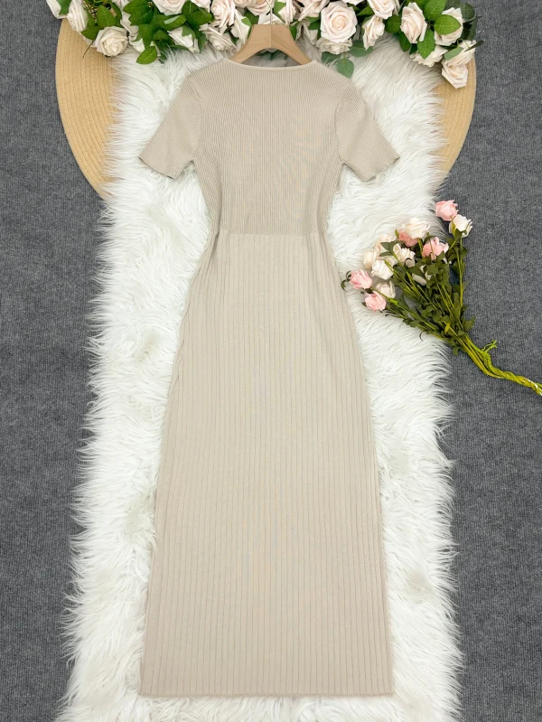 Elegant Ladies' V-Neck Knitted Dress Summer Autumn Short Sleeve Casual Slim Women's Dress Button Decoration Simple Natural - Image 5