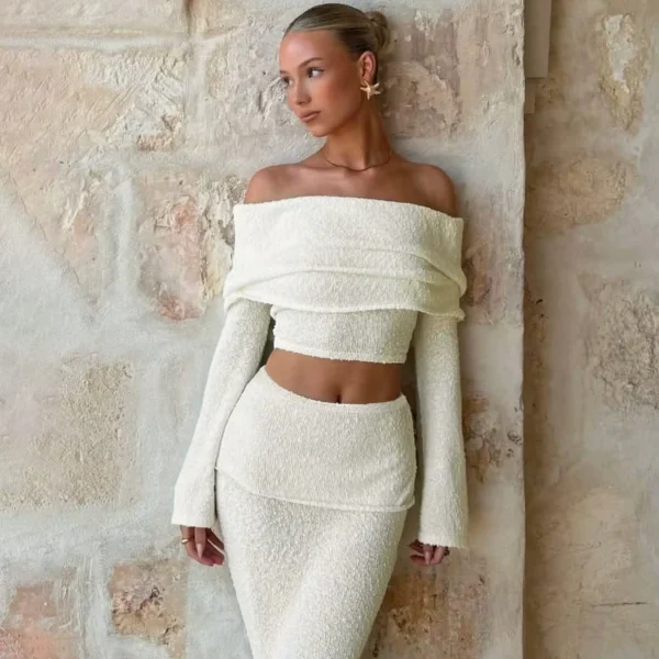 Women's Casual Winter 2-Piece Knitting Shorts Set Above Knee Skirts with off Shoulder Tops Solid Pattern for Autumn