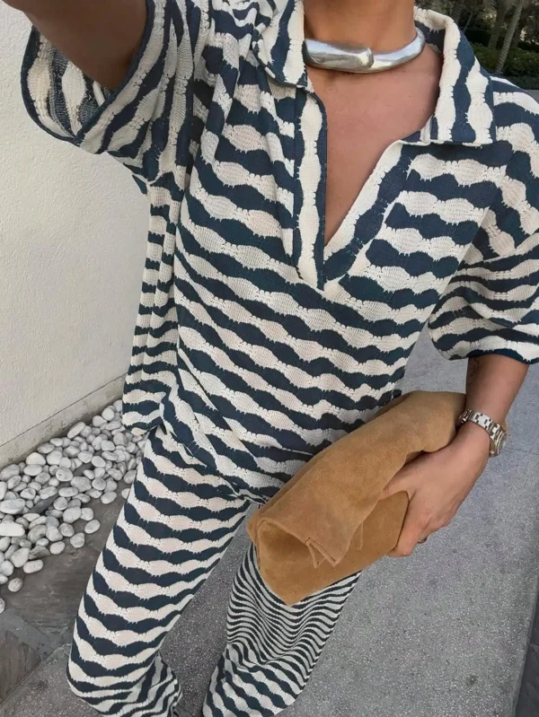 ARDOR S Women's Blue White Wave Stripe Sweater Set V-Neck Top + Slim Pants, Spring/Summer 2025 Casual Outfit - Image 4