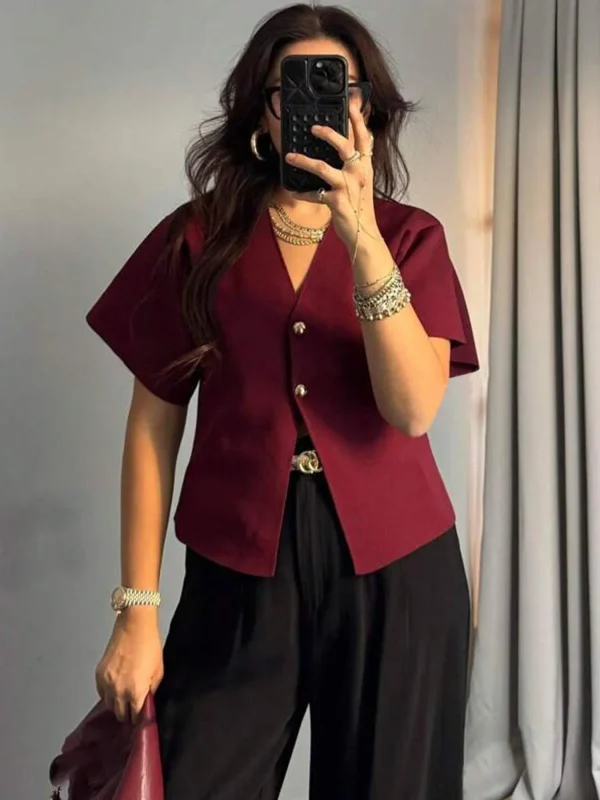 New Entry Women's Fashion Casual V-Neck Metal Button Loose Knit Cardigan Plunge Neck Top - Image 6