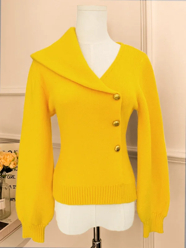 Elegant Autumnwinter Women's Fashion Casual Slim Yellow Sweater with Asymmetric Waist Lapel Side Buckles Perfect for Commuting - Image 2