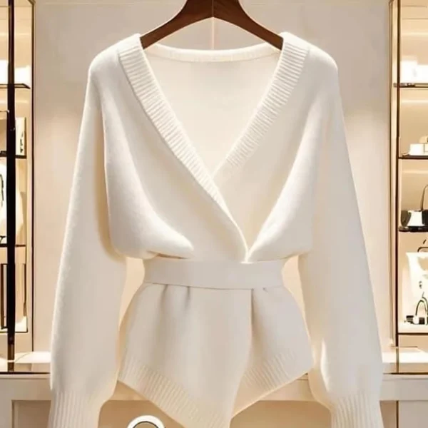 Autumn/Winter women's elegant cardigan: deep V-neck, solid color, white collar/cuffs, stripe hem, tie belt. Urban casual style
