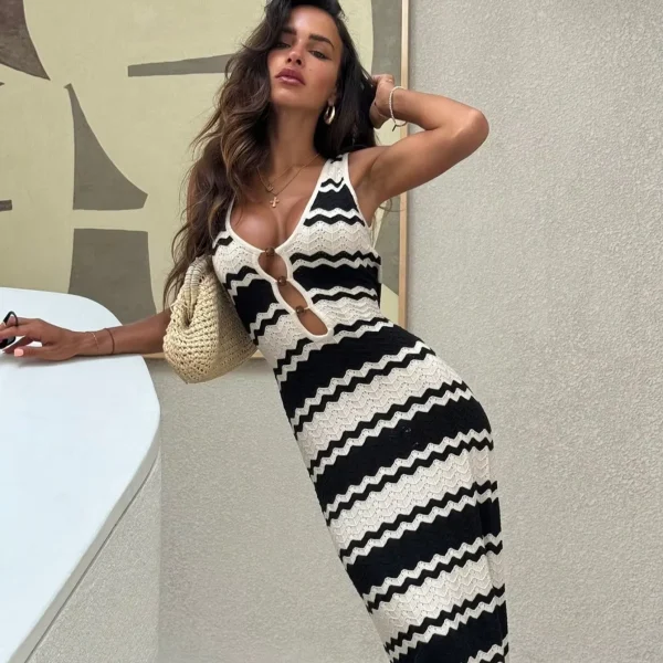 Sexyplungeneck Wrap Dress with Wave Stripes Bead Details Slim Chic Comfortable Perfect for Beach Vacations Seaside Outings