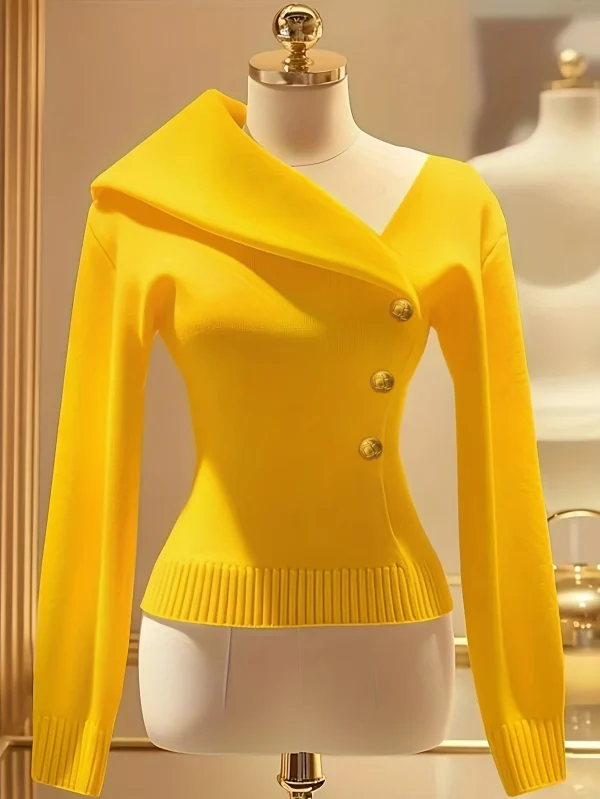 Elegant Autumnwinter Women's Fashion Casual Slim Yellow Sweater with Asymmetric Waist Lapel Side Buckles Perfect for Commuting - Image 5