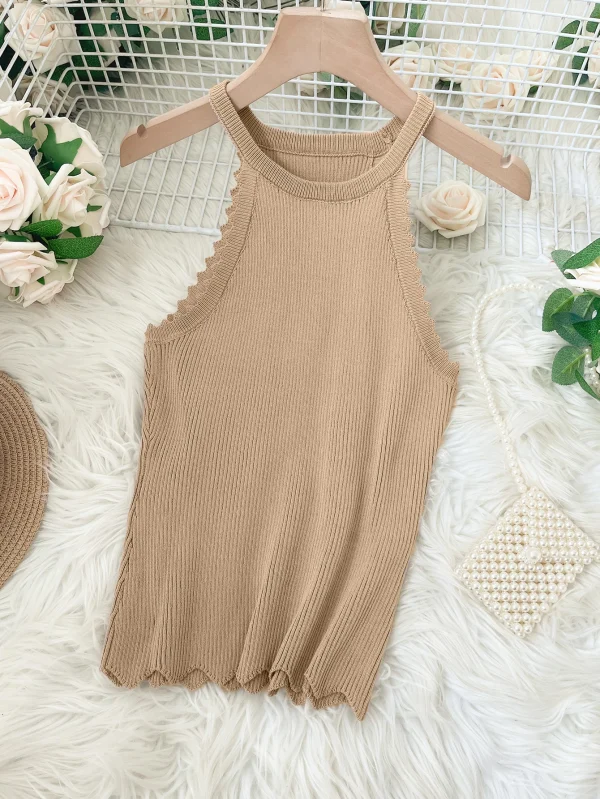 Women's Sleeveless Breathable Ice Silk Tank Top Small Hanging Neck Shoulder Suspender Sweet Style Short Knitted Top - Image 2