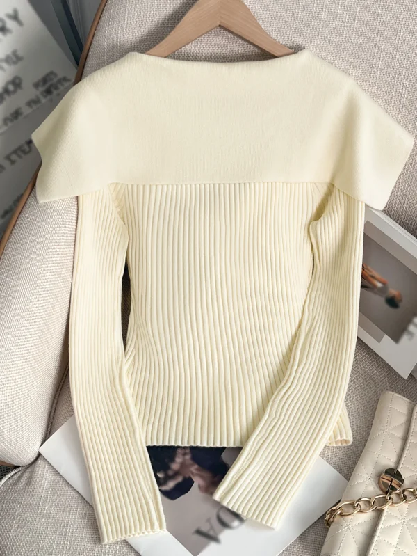 Elegant Women's White V-neck Slim Short Cardigan, Lapel Waist, Long-sleeve Knit Sweater for Fall/winter Commute - Image 2