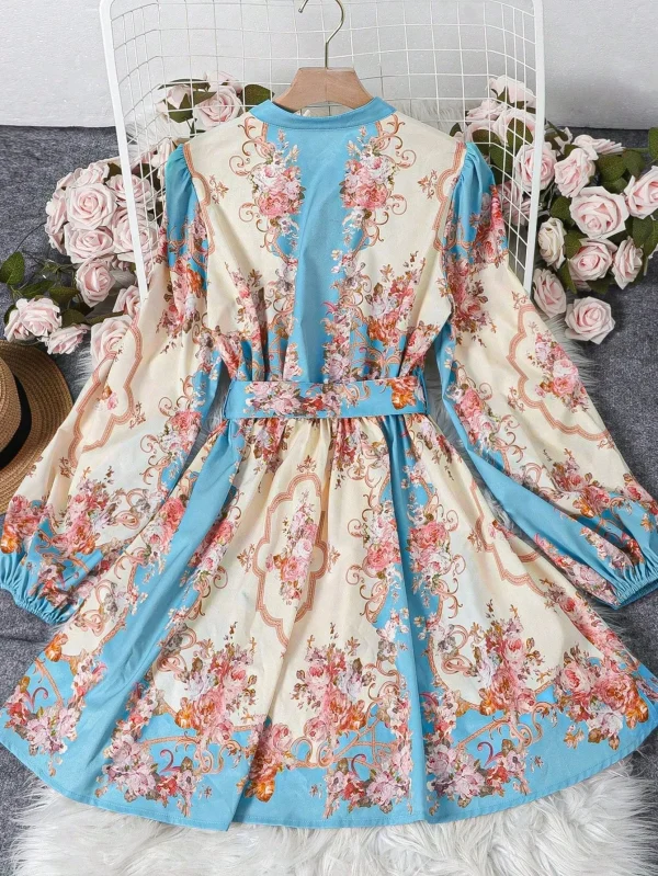 Spring and Summer High Quality Women's Retroelegant Lace-up Slim Mid-length Dress Half-collar Lantern Sleeve Bohemian Ethnic - Image 2
