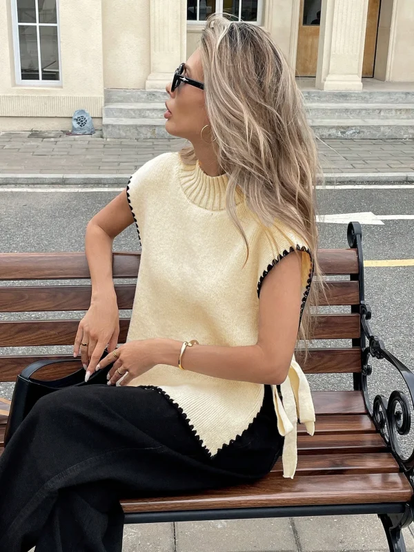 New Women's Patchwork Knit Vest Sleeveless High Neck Vest - Image 5