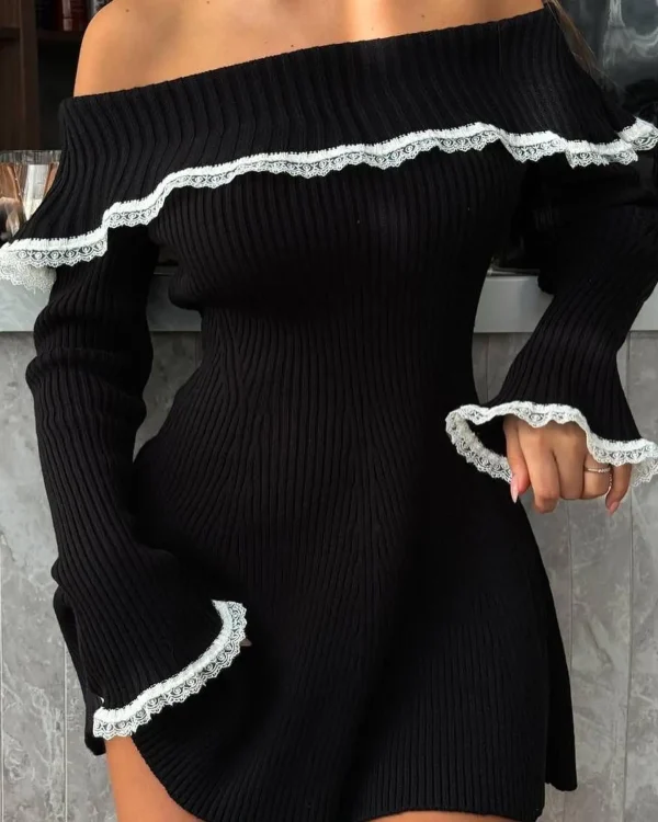 Women's Fashion Summer Trendy Sexy Chiffon Off-Shoulder Solid Color Knitted Lace Trim Long Sleeve Casual Knit Dress - Image 3