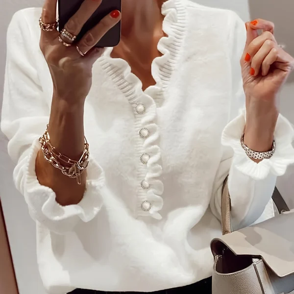 Women's Autumn/Winter Fashion Solid Color Elegant Comfortable Long Sleeve Ruffle Trim V-Neck Pullover Sweater