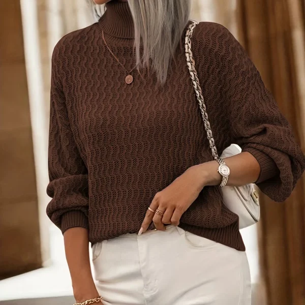Women's Casual Solid Color High-Neck Long-Sleeve Pullover Sweater for Autumn/Winter High Quality Knit Tops