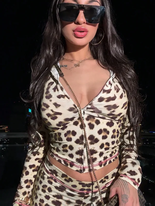 2pcs  Autumn Leopard Print Zip Front Hooded Top and Cheetah Print Pants Casual Suit, Spring/Summer Outfits for - Image 5