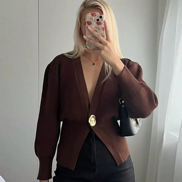 Women's Fashion Casual Trendy Versatile Solid Knit Metal Button Long Sleeve Everyday Cardigan
