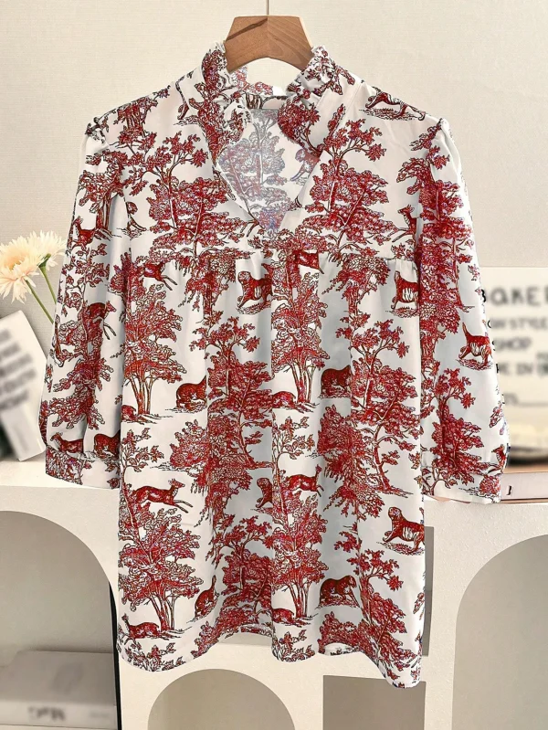 Vacation Plant Animal  Porcelain Pattern Fashion Women Casual Comfortable Short-sleeved V-neck Printed Shirt - Image 4