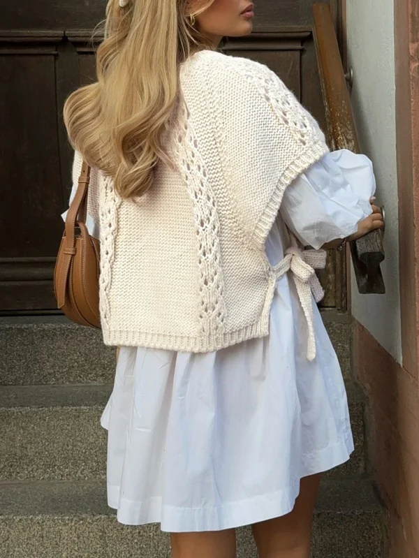 Women's Summer Chic Vintage Sweater O Neck  with New Hollow Tether Casual Woven Knit Tops with Decoration - Image 4