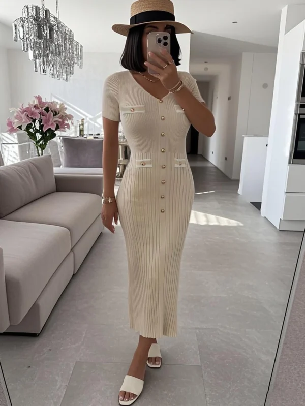 Elegant Ladies' V-Neck Knitted Dress Summer Autumn Short Sleeve Casual Slim Women's Dress Button Decoration Simple Natural - Image 3