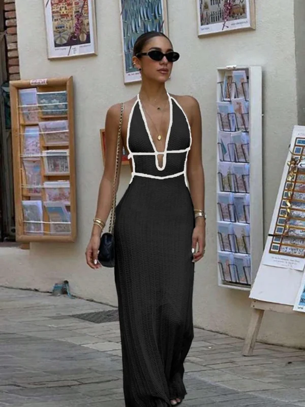 Sexy Knit Cut Out Two Piece Swimsuit Cover up 2025 Summer Women Waist Tie-Up Top Long Skirt Set Club Beach Dres - Image 3