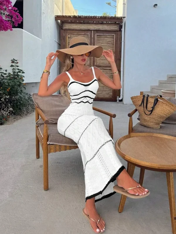 New Women's Bohemian Style Summer Slip Dress Color Clashing Hollow Knit Wrap Bodycon Natural Waist Floor-Length Plain - Image 5