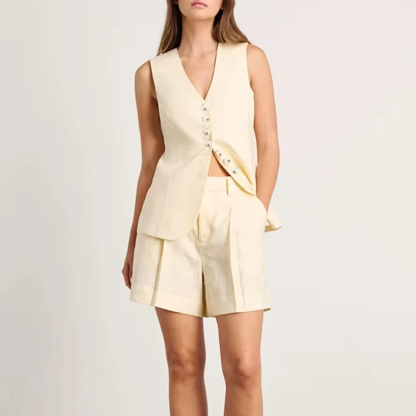 New Style Ladies' Fashion Plunge Neck Multi-button Simple Sleeveless Vest and Shorts Set