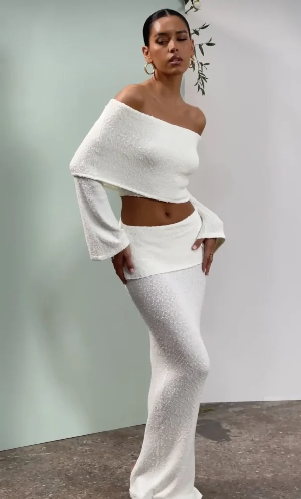 Women's Casual Winter 2-Piece Knitting Shorts Set Above Knee Skirts with off Shoulder Tops Solid Pattern for Autumn - Image 6