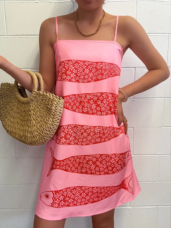Brunch Women's Bohemian Vacation Wear Spring Summer Beach Women's Fashion Casual Vacation Backless Fish Print A-Line Skirt - Image 5