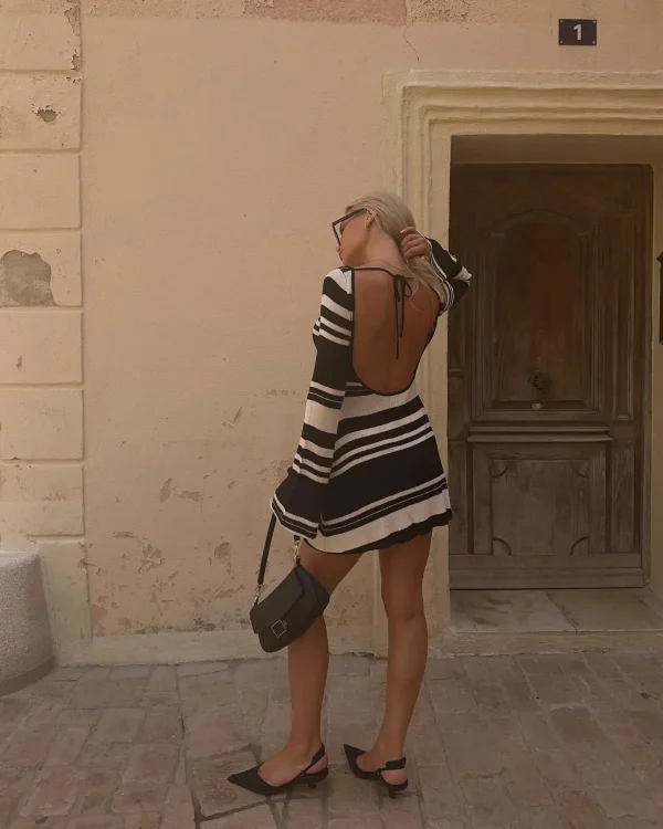 Women's Fashion Black and White Stripe Backless Long Sleeve Skirts - Image 4