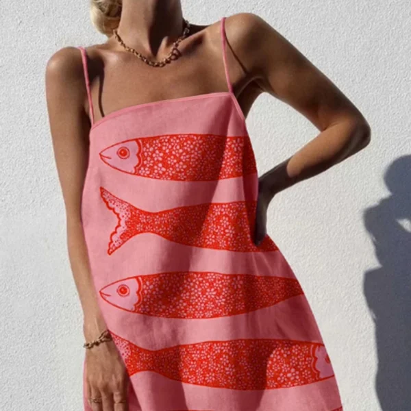 Brunch Women's Bohemian Vacation Wear Spring Summer Beach Women's Fashion Casual Vacation Backless Fish Print A-Line Skirt