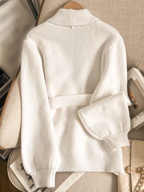 Autumn/Winter women's elegant cardigan: deep V-neck, solid color, white collar/cuffs, stripe hem, tie belt. Urban casual style - Image 4