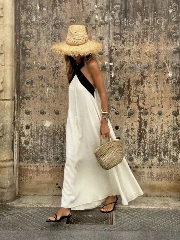 Women's Summer Vacation Boho Flowy Spaghetti Strap Maxi Dress Smocked Back Casual Swing Cross Long Dress - Image 3