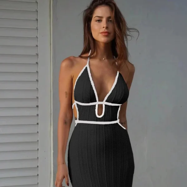 Sexy Knit Cut Out Two Piece Swimsuit Cover up 2025 Summer Women Waist Tie-Up Top Long Skirt Set Club Beach Dres