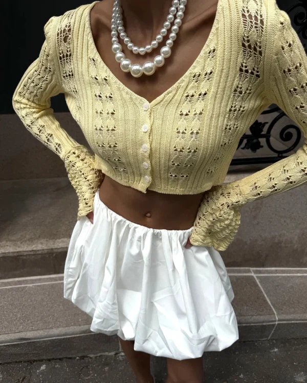 Women's Fashion Sexy V-Neck Trendy Versatile Solid Color Knitted Lace Semi-See-Through Long Sleeve Daily Knit Top Cardigan - Image 6