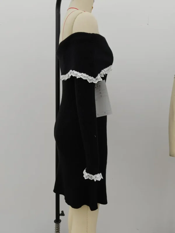 Women's Fashion Summer Trendy Sexy Chiffon Off-Shoulder Solid Color Knitted Lace Trim Long Sleeve Casual Knit Dress - Image 6
