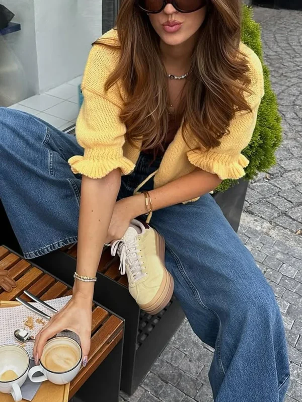 Women's Casual Fashion Commuter Daily Early Spring Goose Yellow Petal Ruffle Half Sleeve Tie Loose Short Sweater Cardigan - Image 3