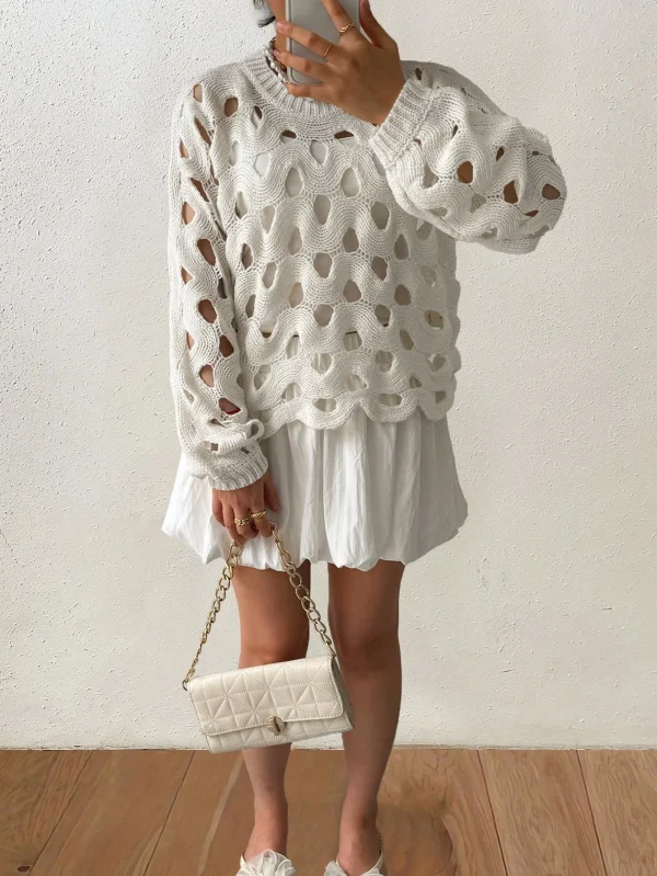 Women's Casual Sonic Knitted Sweater with Autumn Bell Sleeve Semi-Sheer Hollow-Out Design for Fall - Image 6