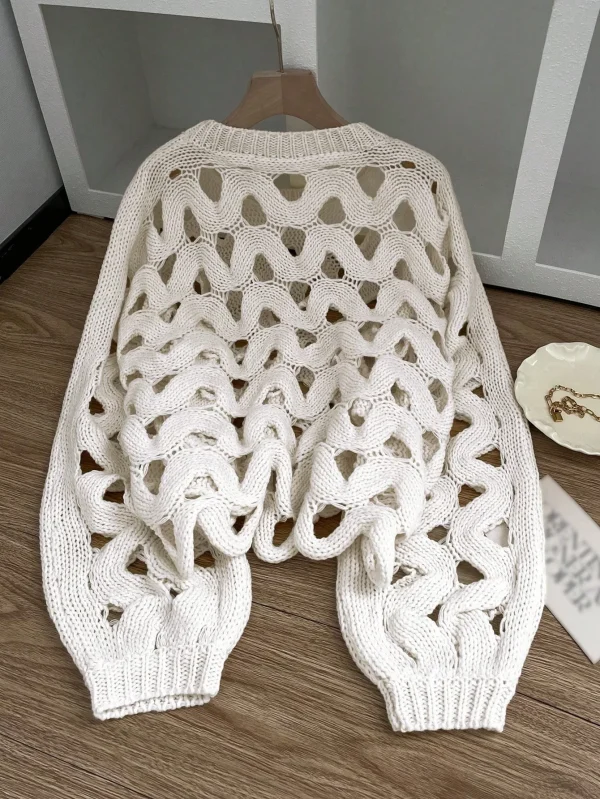 Women's Casual Sonic Knitted Sweater with Autumn Bell Sleeve Semi-Sheer Hollow-Out Design for Fall - Image 2
