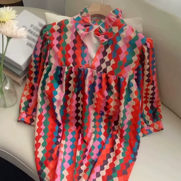 Women's Vintage-Inspired Woven V-Neck Ruffled Shirt Spring Summer Casual Loose Fit Nine-Point Contrast Color Polka Dot Retro